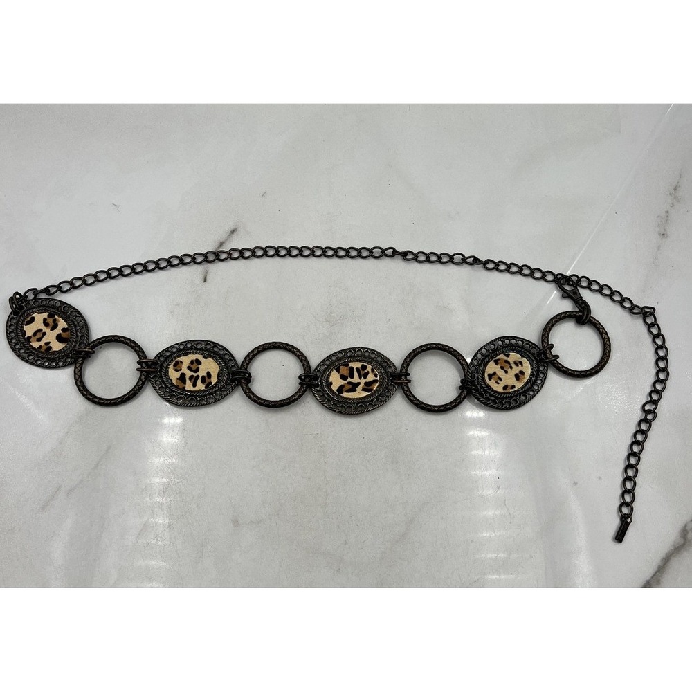 Chicos Belt Leopard Calf Hair Chain Antique Brass Tone Medallion Adjustable